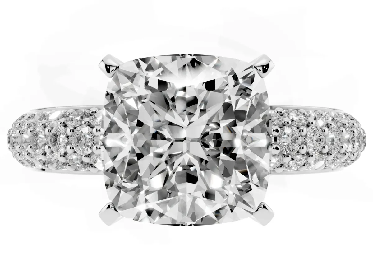 Cushion Cut Diamond Solitaire Ring with Prong Setting and Pavé Band Silver