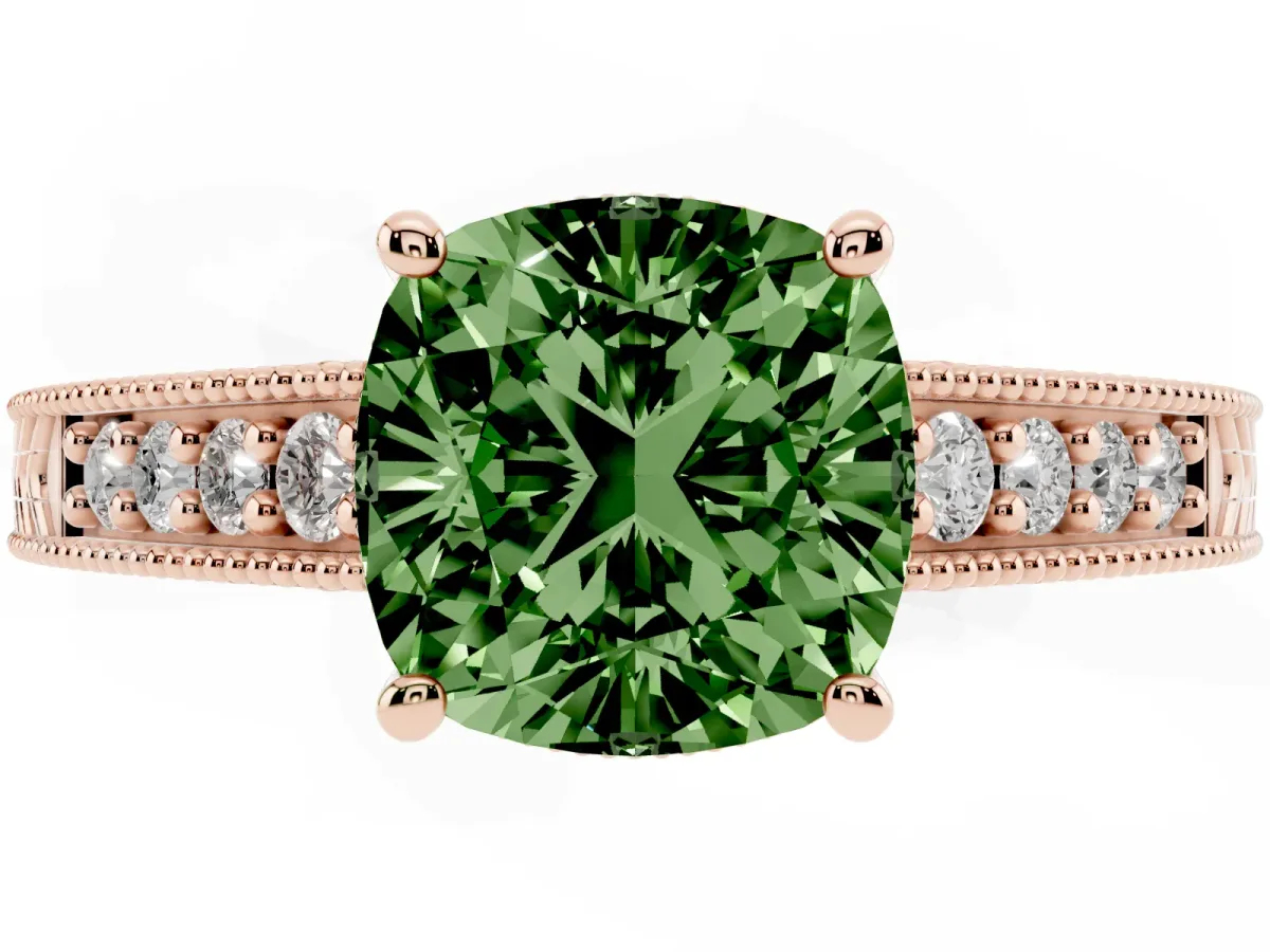 Fancy Green Cushion Cut Solitaire Pavé Diamond Milgrain Engagement Ring with Four-Prong Setting Rose gold