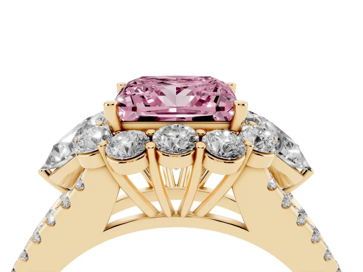 Fancy Pink Princess Cut Halo Split Shank Diamond Engagement Ring with Prong Setting Yellow gold