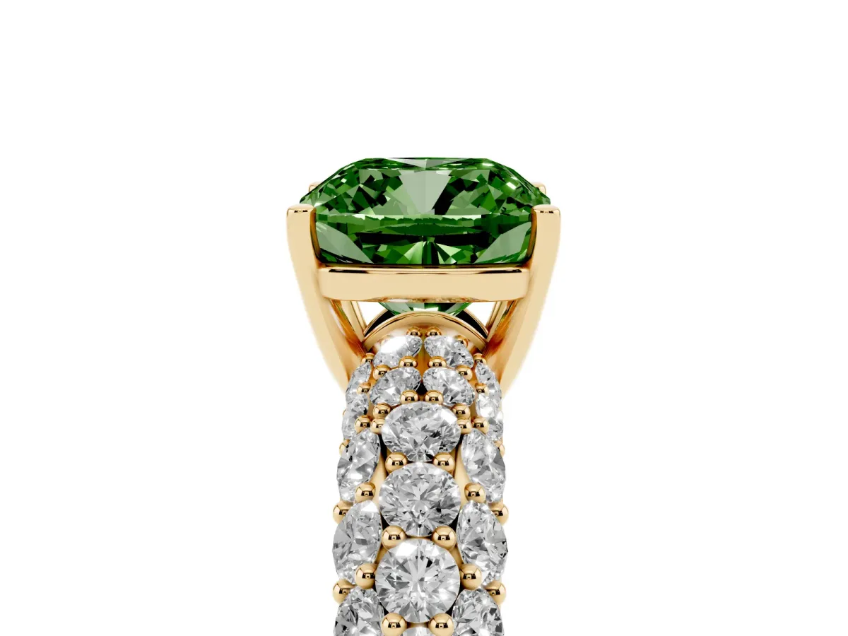Fancy Green Cushion Cut Diamond Pavé Band Solitaire Ring with Four-Prong Setting Yellow gold