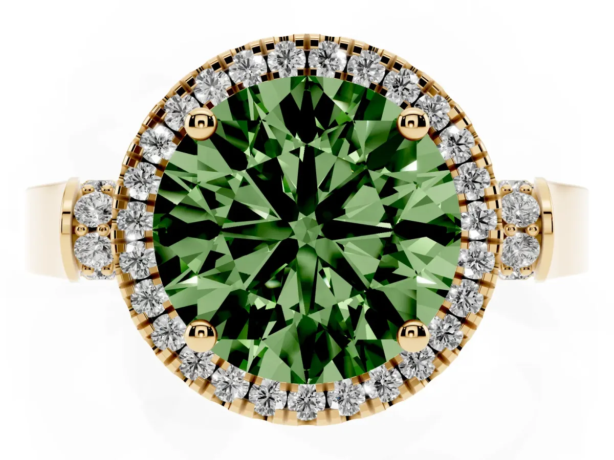 Fancy Green Round Cut Halo Round Diamond Twist Band with Four-Prong Setting Yellow gold