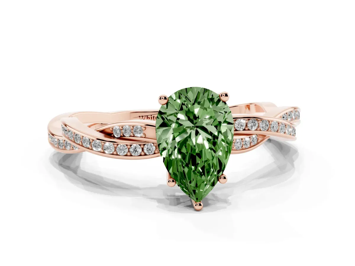 Fancy Green Pear Cut Solitaire Twisted Pave Diamond Ring with Four-Prong Setting Rose gold
