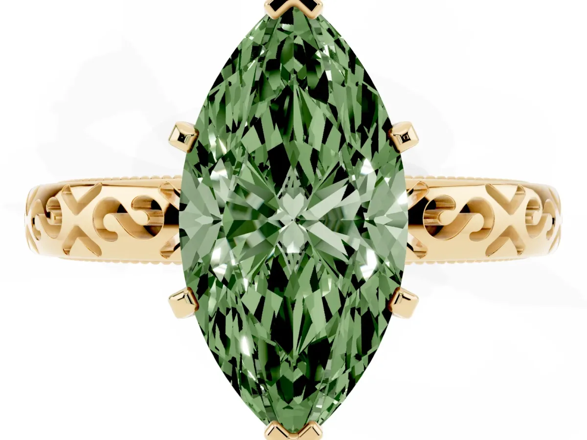 Fancy Green Marquise Cut Solitaire Engagement Ring with Scrollwork Band and Four-Prong Setting Yellow gold