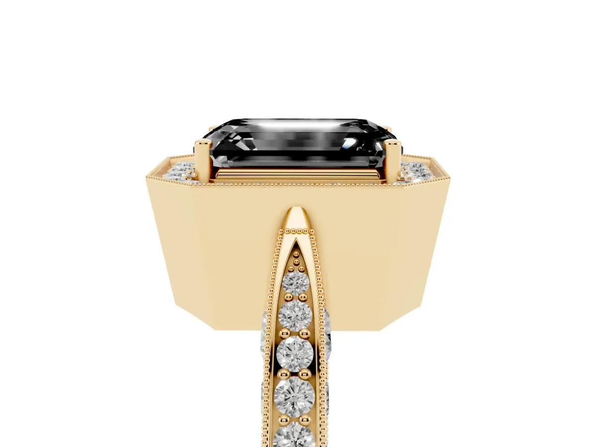 Fancy Black Emerald Cut Halo Diamond Engagement Ring with Split Shank Band and Four-Prong Setting Yellow gold