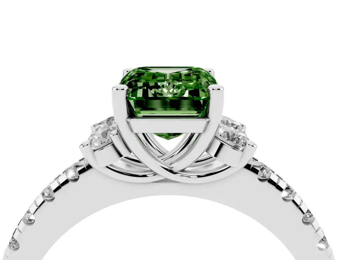 Fancy Green Emerald Cut Diamond Three-Stone Pave Band with Four-Prong Setting Silver