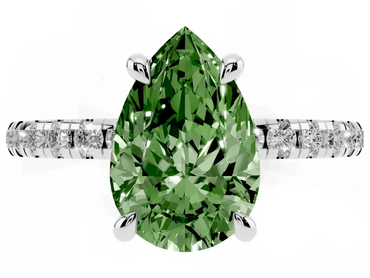 Fancy Green Pear Cut Diamond Brilliant Solitaire Ring with Pavé Band and Four-Prong Setting White gold