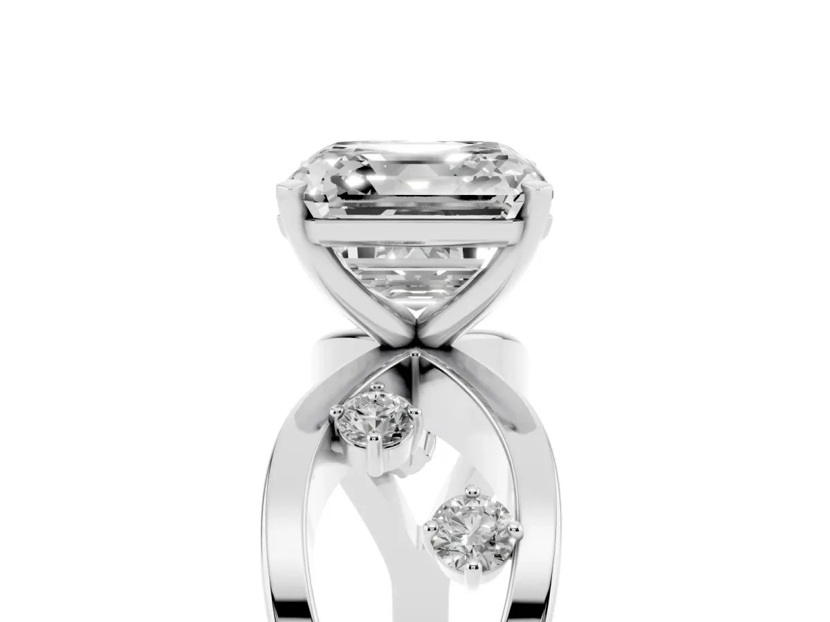 Asscher Cut Cut Solitaire Diamond with Side Stones on Criss-Cross Band and Four-Prong Setting Platinum