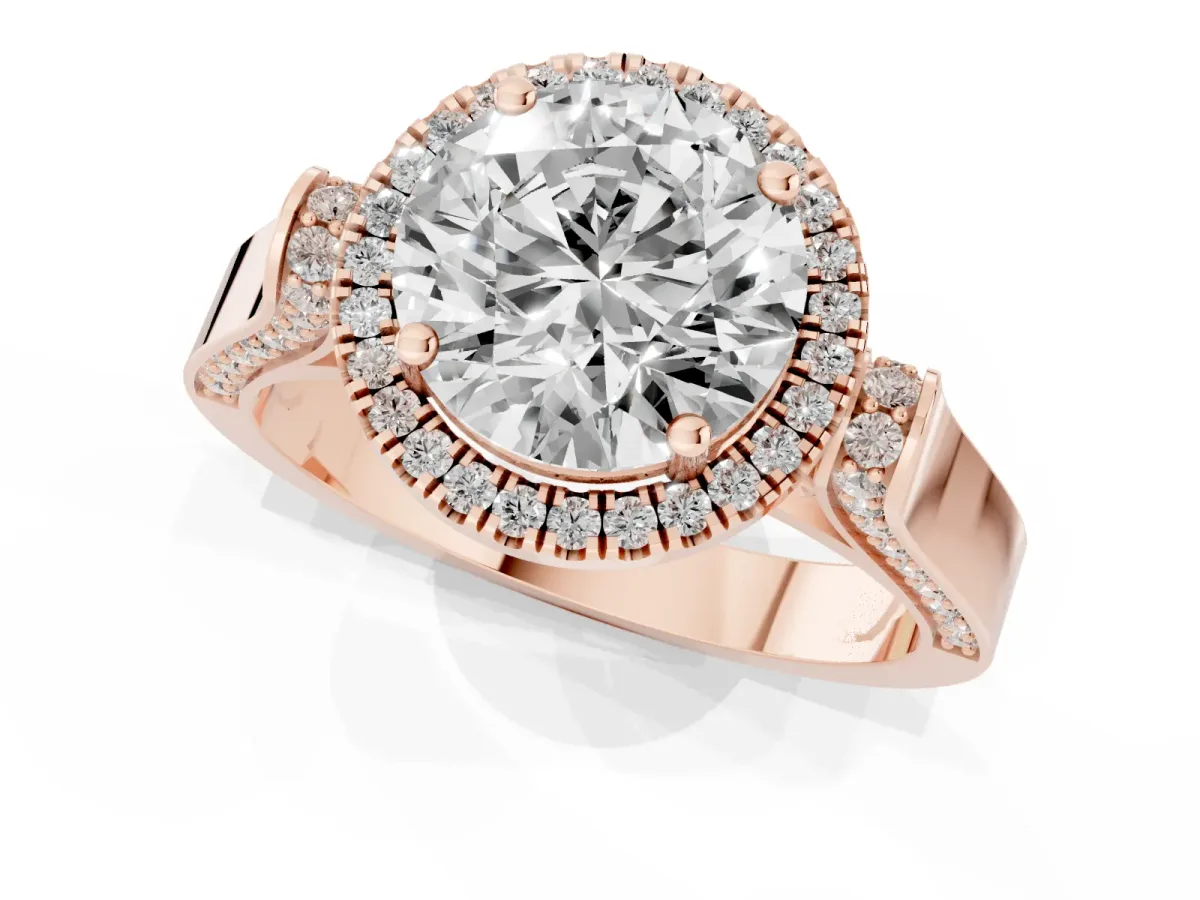 Round Cut Halo Pave Split Shank Prong Setting Ring Rose gold