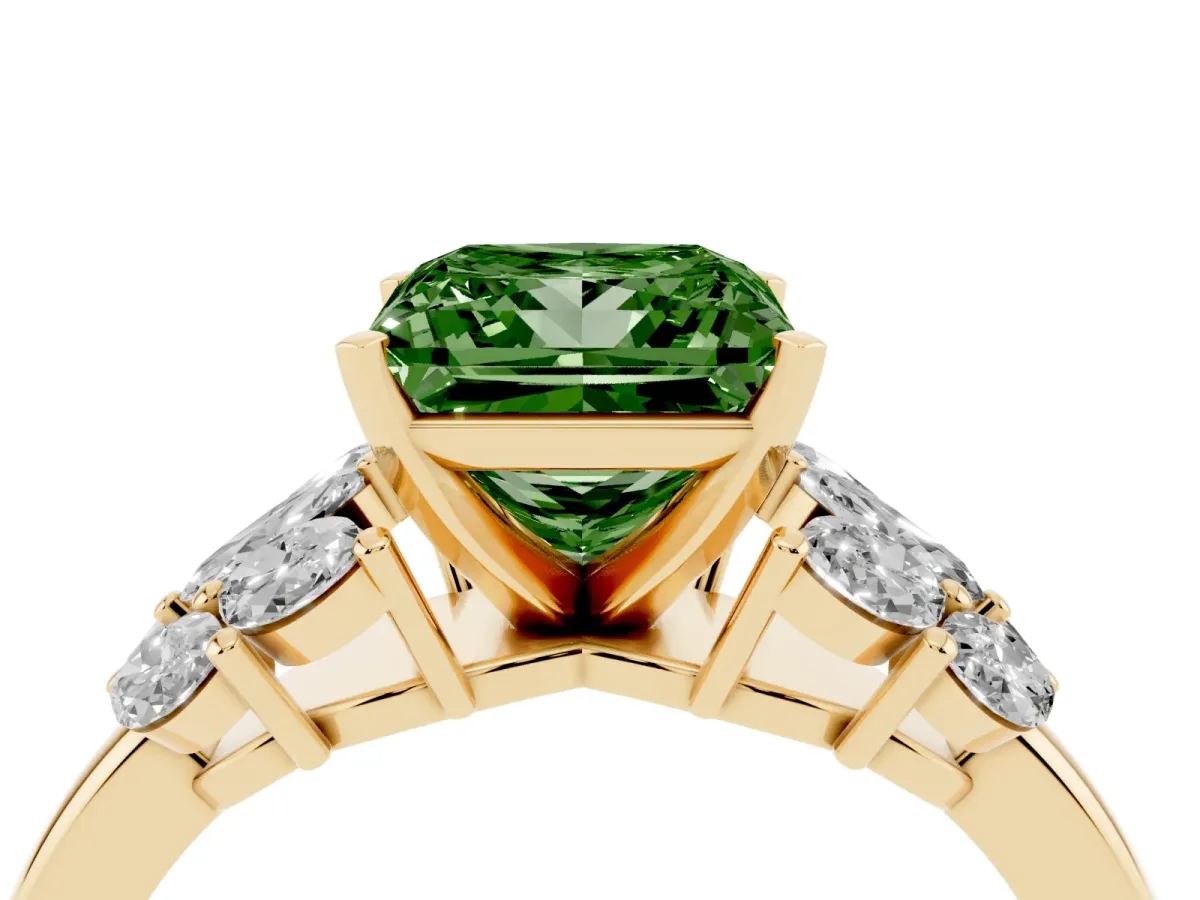 Fancy Green Princess Cut Diamond Cluster Leaf Design Ring with Prong Setting Yellow gold