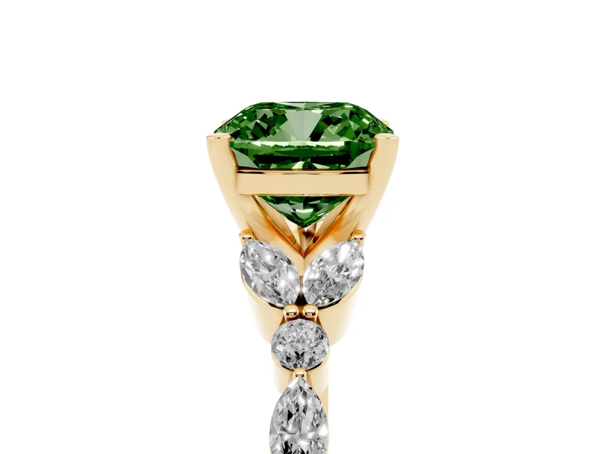 Fancy Green Cushion Cut Diamond Solitaire Ring with Side Stones and Four-Prong Setting Yellow gold