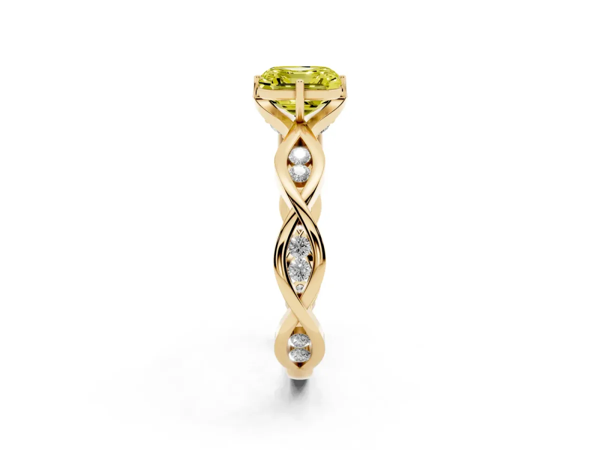 Fancy Yellow Asscher Cut Solitaire Twist Band with Leaf Prong Setting Yellow gold