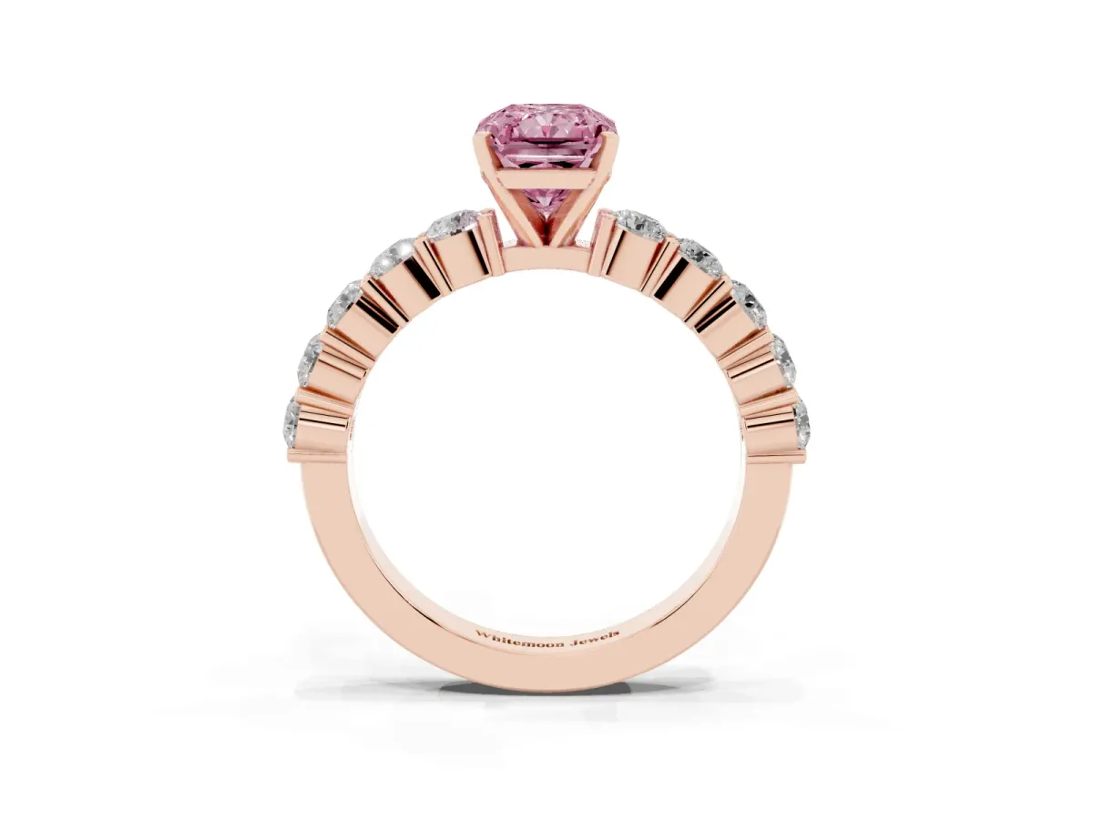 Fancy Pink Radiant Cut Diamond Solitaire Ring with Shared Prong Round Side Stones Rose gold