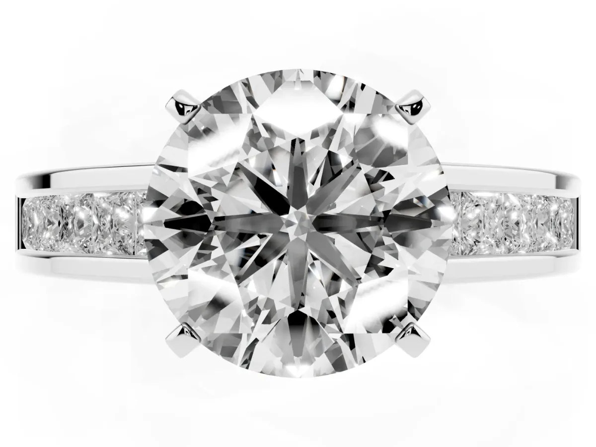Round Cut Solitaire Diamond Ring with Channel-Set Band and Four-Prong Setting Silver