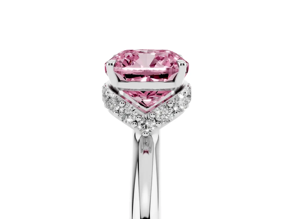 Fancy Pink Cushion Cut Brilliant Solitaire Engagement Ring with Six-Prong Setting and Classic Band Silver