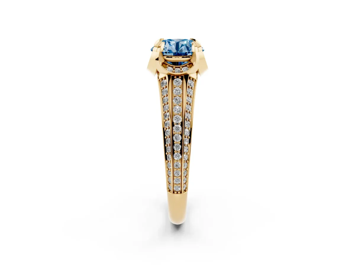 Fancy Blue Round Cut Solitaire Pave Split Shank Ring with Four-Prong Setting Yellow gold