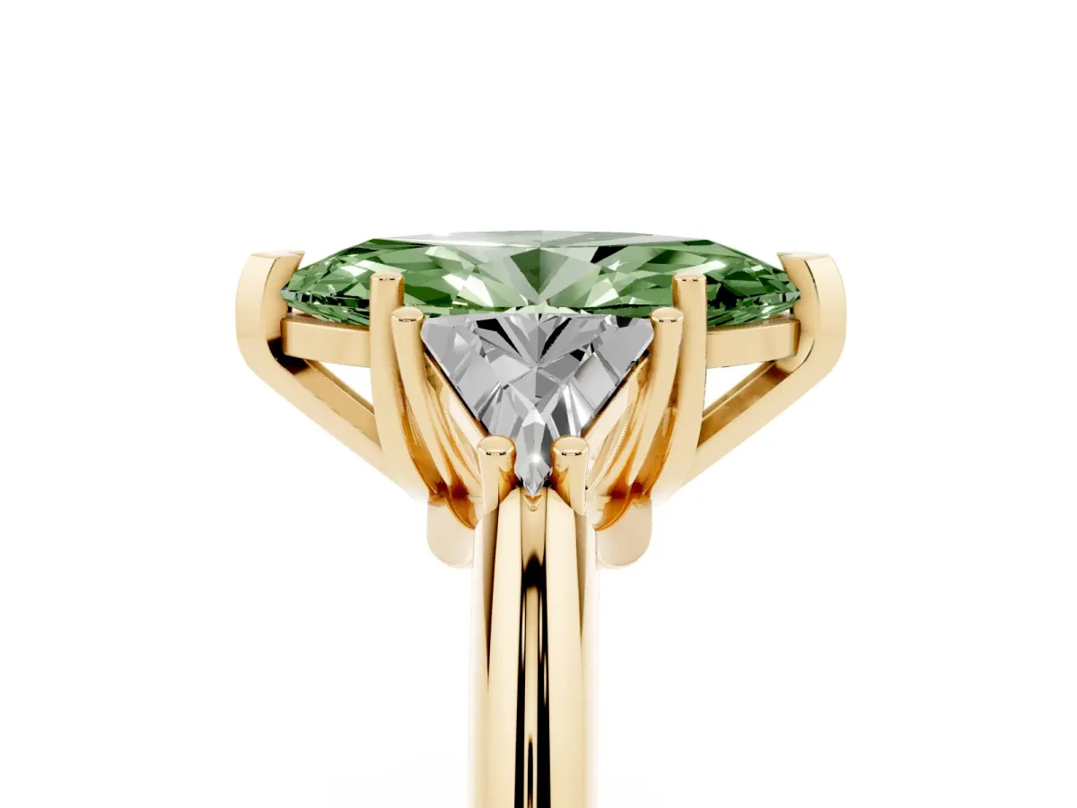 Fancy Green Three-Stone Marquise Cut Diamond Engagement Ring with Trillion Side Stones and Prong Setting Yellow gold