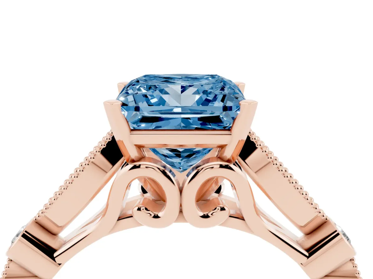 Fancy Blue Princess Cut Cut Diamond with Milgrain Marquise and Bezel Accents on a Solitaire Band with Prong Setting Rose gold