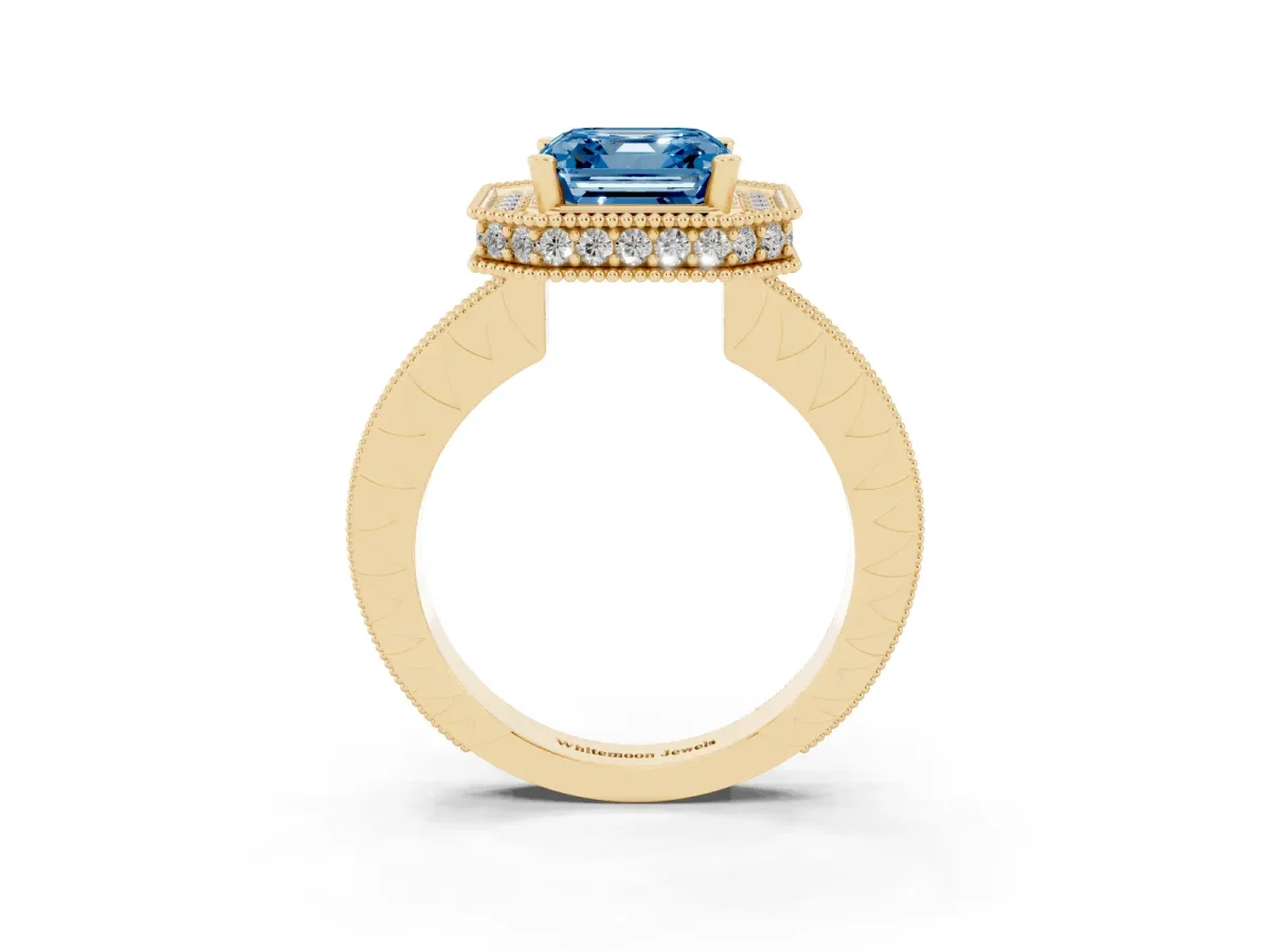 Fancy Blue Asscher Cut Diamond Milgrain Halo Engagement Ring with Round Pavé Band and Prong Setting Yellow gold