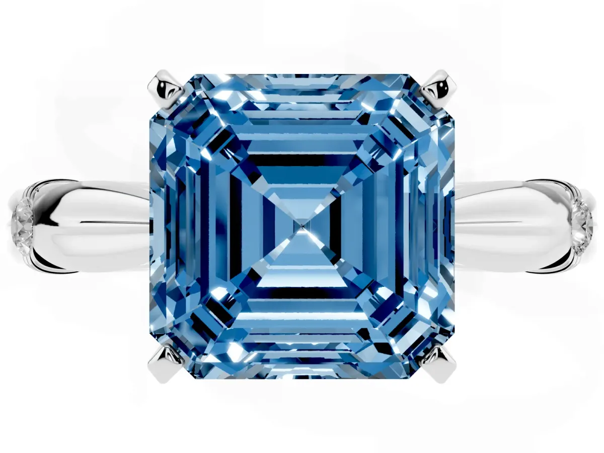 Fancy Blue Asscher Cut Solitaire Diamond Twisted Band with Four-Prong Setting White gold