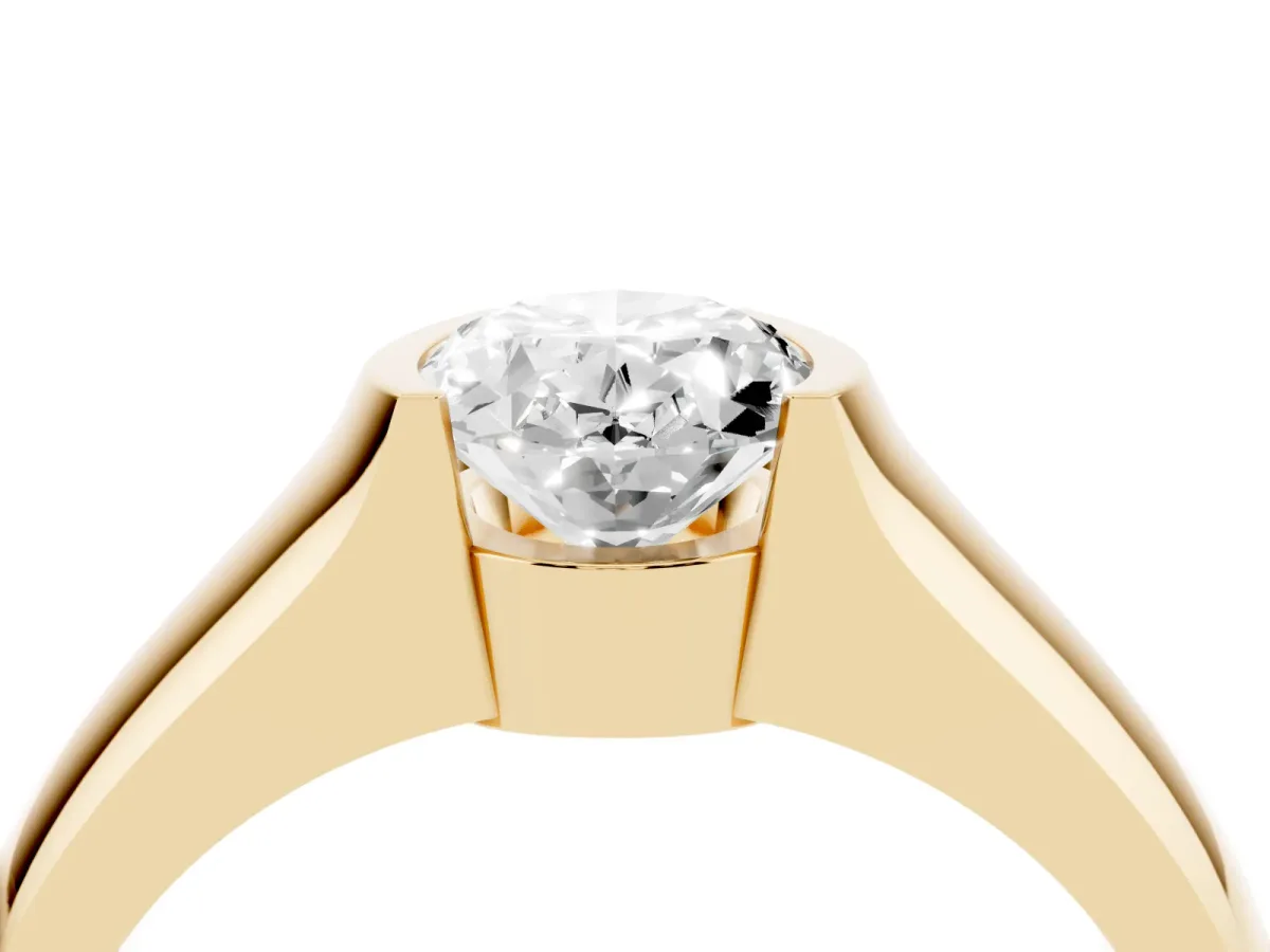 Oval Cut Solitaire Bezel Set Diamond Ring with Wide Band Yellow gold