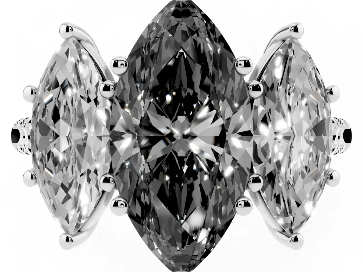 Fancy Black Three-Stone Marquise Cut Diamond Ring with Round Pavé Band and Prong Setting Silver