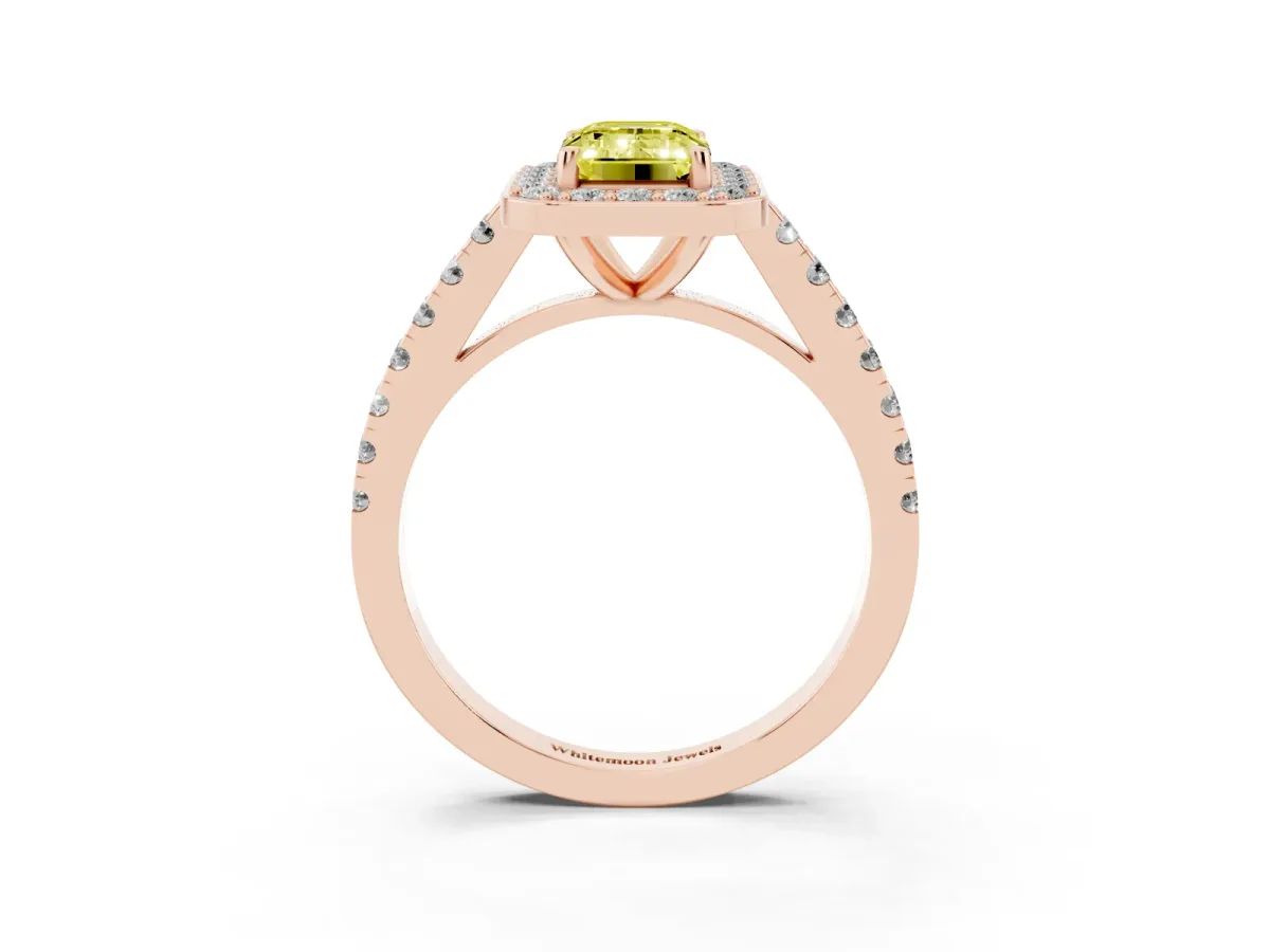 Fancy Yellow Emerald Cut Diamond Halo Ring with Round Pavé Split Shank and Prong Setting Rose gold
