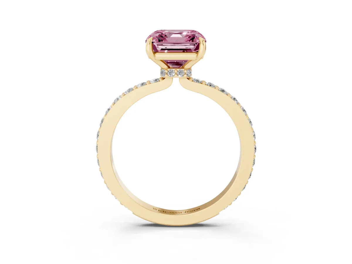 Fancy Pink Asscher Cut Diamond Pavé Engagement Ring with Round Accents and Prong Setting Yellow gold