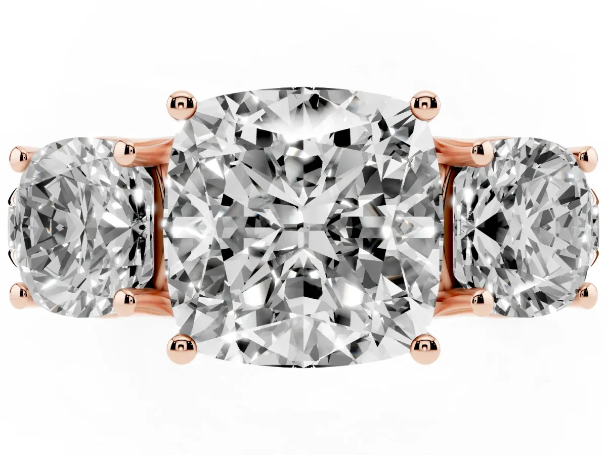 Three-Stone Cushion Cut Diamond Pavé Band with Prong Setting Rose gold