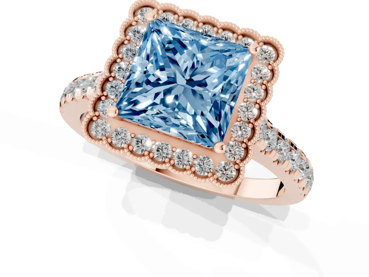 Fancy Blue Princess Cut Cut Diamond Milgrain Floral Halo Engagement Ring with Pavé Band Rose gold