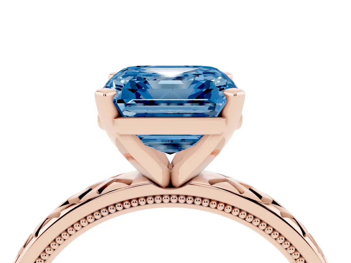 Fancy Blue Asscher Cut Solitaire Diamond Ring with Milgrain and Black Enamel X Pattern Band Rose gold