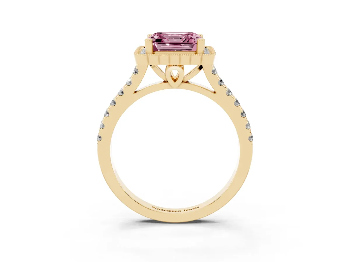 Fancy Pink Asscher Cut Cut Diamond Milgrain Floral Halo Engagement Ring with Pavé Band Yellow gold