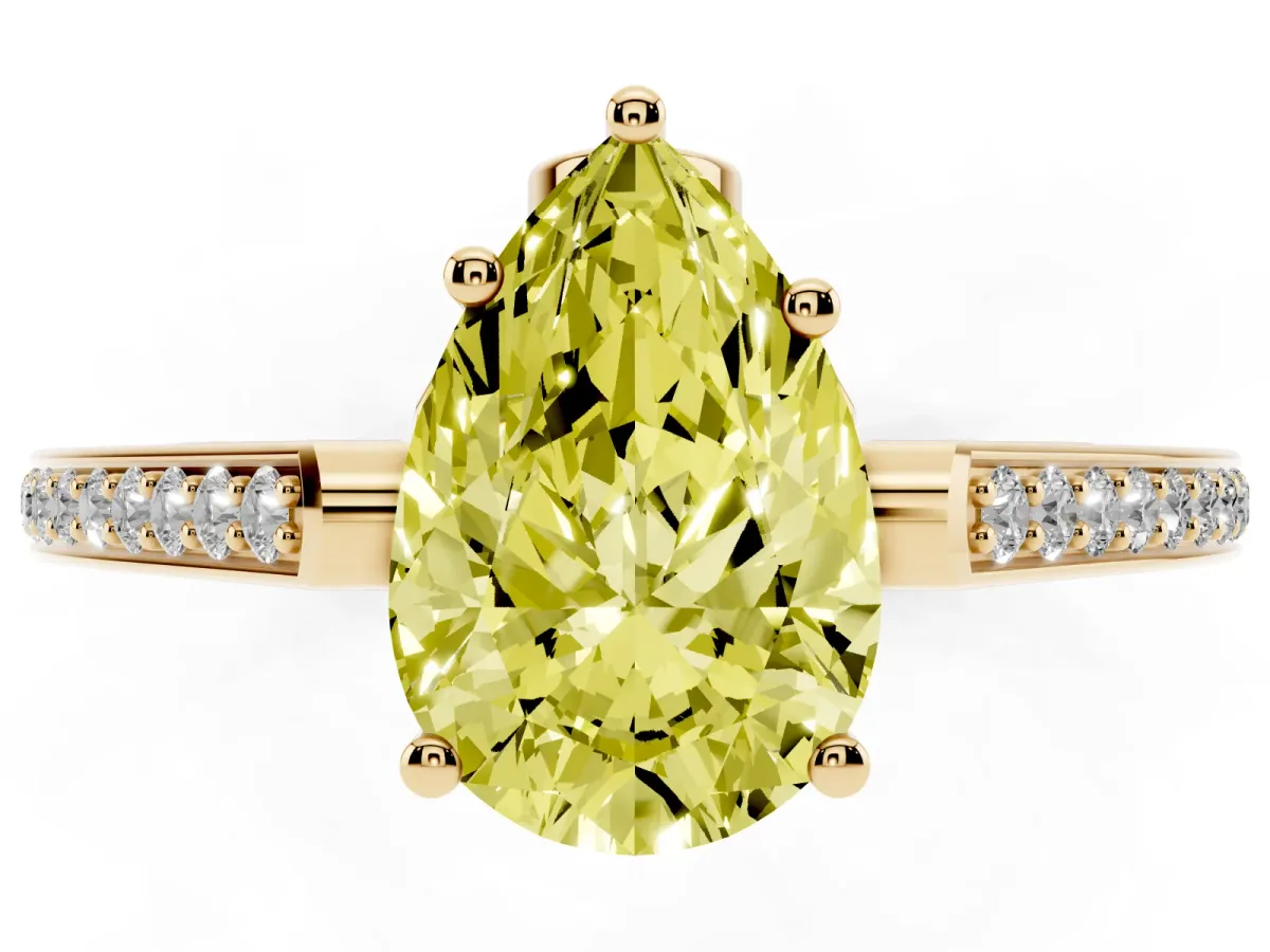 Fancy Yellow Pear Cut Cut Cathedral Pave Diamond Engagement Ring with Six-Prong Setting Yellow gold