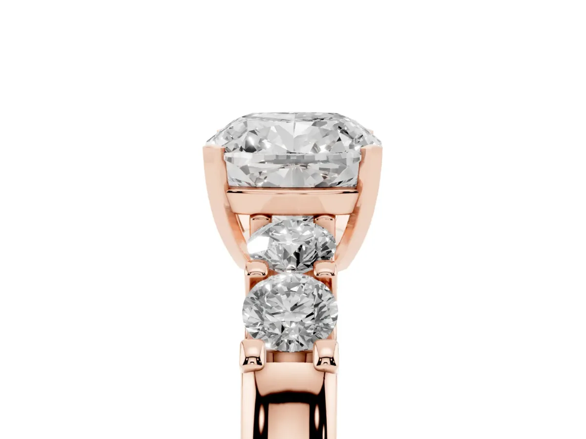 Cushion Cut Brilliant Cut Diamond Five-Stone Prong Set Engagement Ring with Channel Band Rose gold