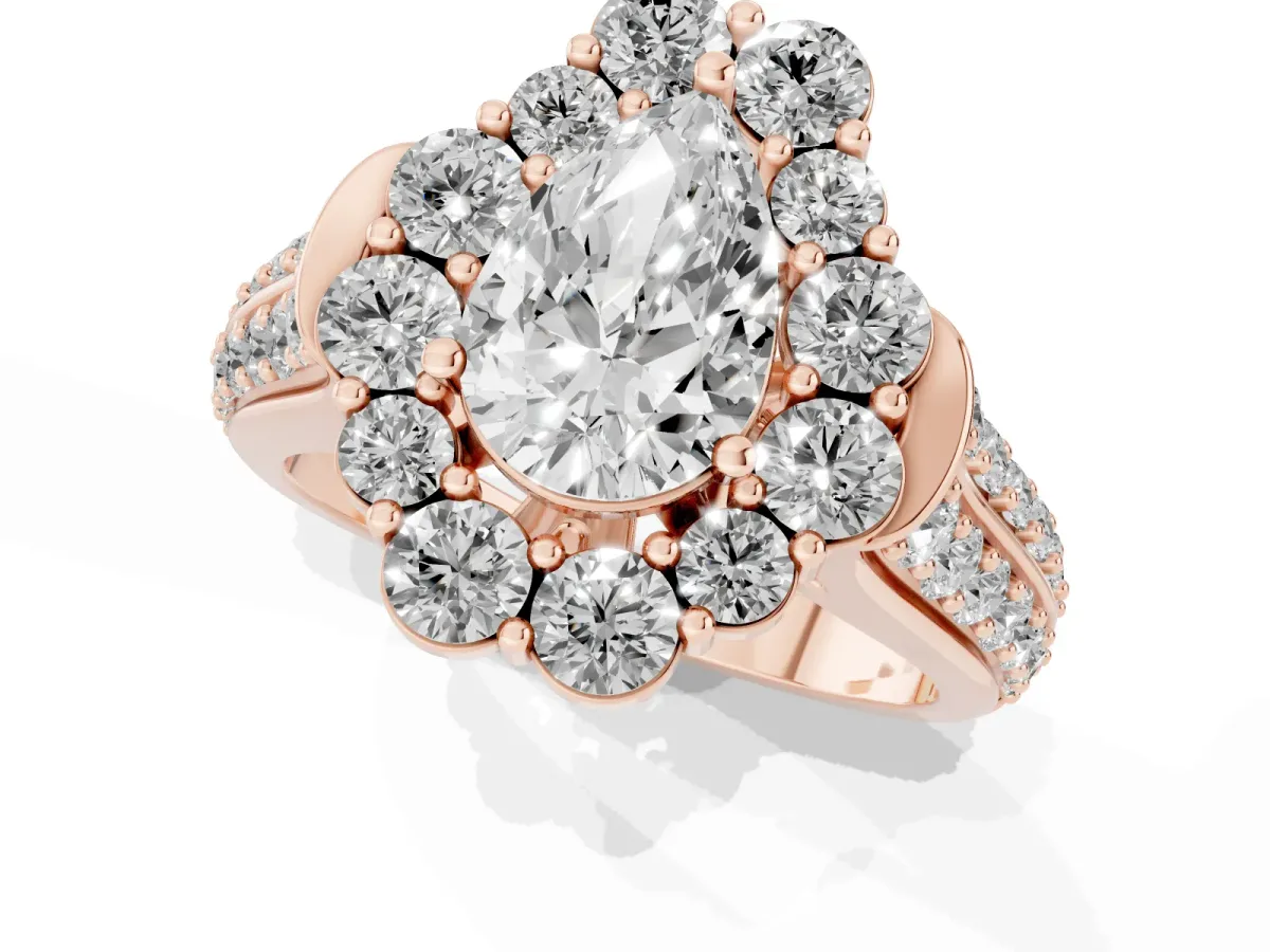 Pear Cut Halo Diamond Engagement Ring with Split Shank and Prong Setting Rose gold