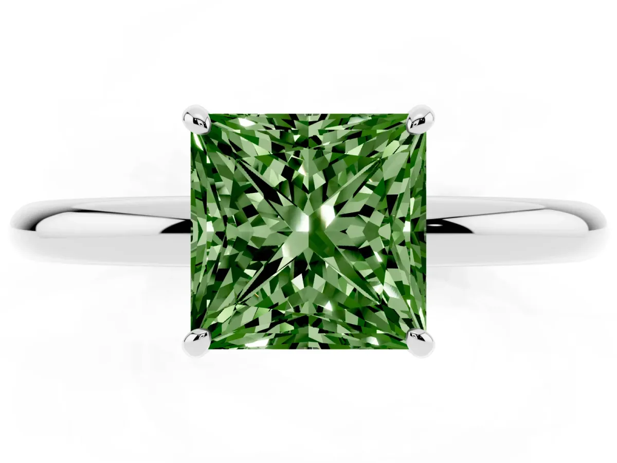 Fancy Green Princess Cut Solitaire Diamond Ring with Four-Prong Setting on a Plain Band Silver