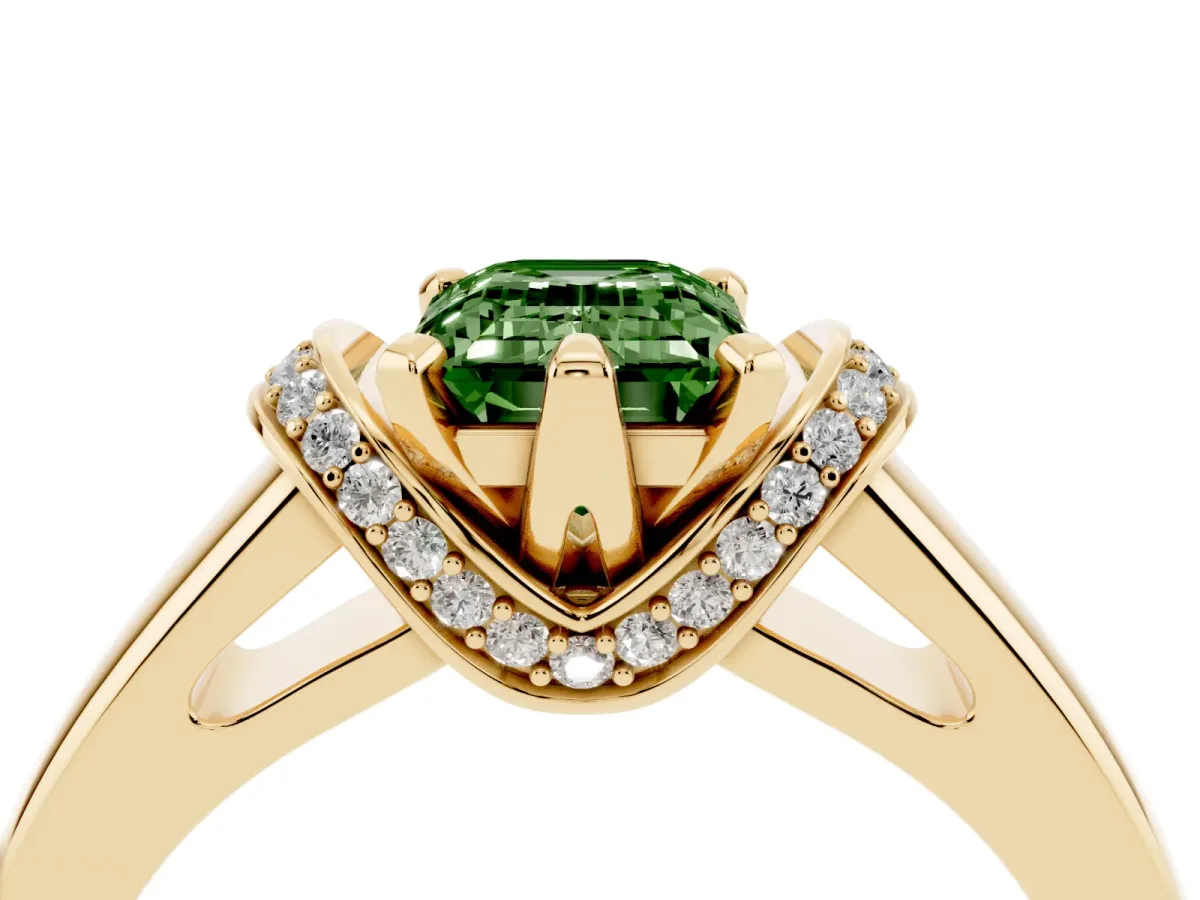 Fancy Green Emerald Cut Solitaire Diamond Ring with Pave Band and Six-Prong Setting Yellow gold