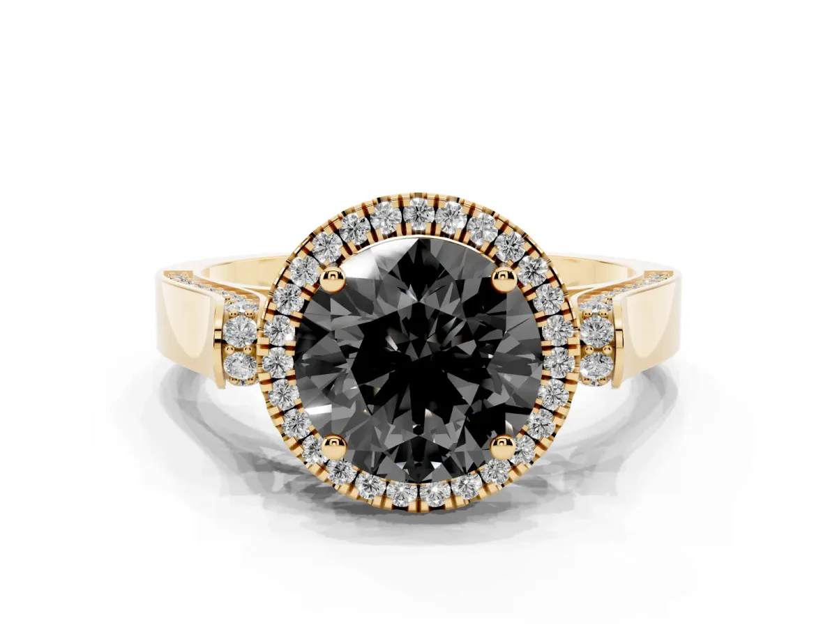 Fancy Black Round Cut Halo Round Diamond Twist Band with Four-Prong Setting Yellow gold