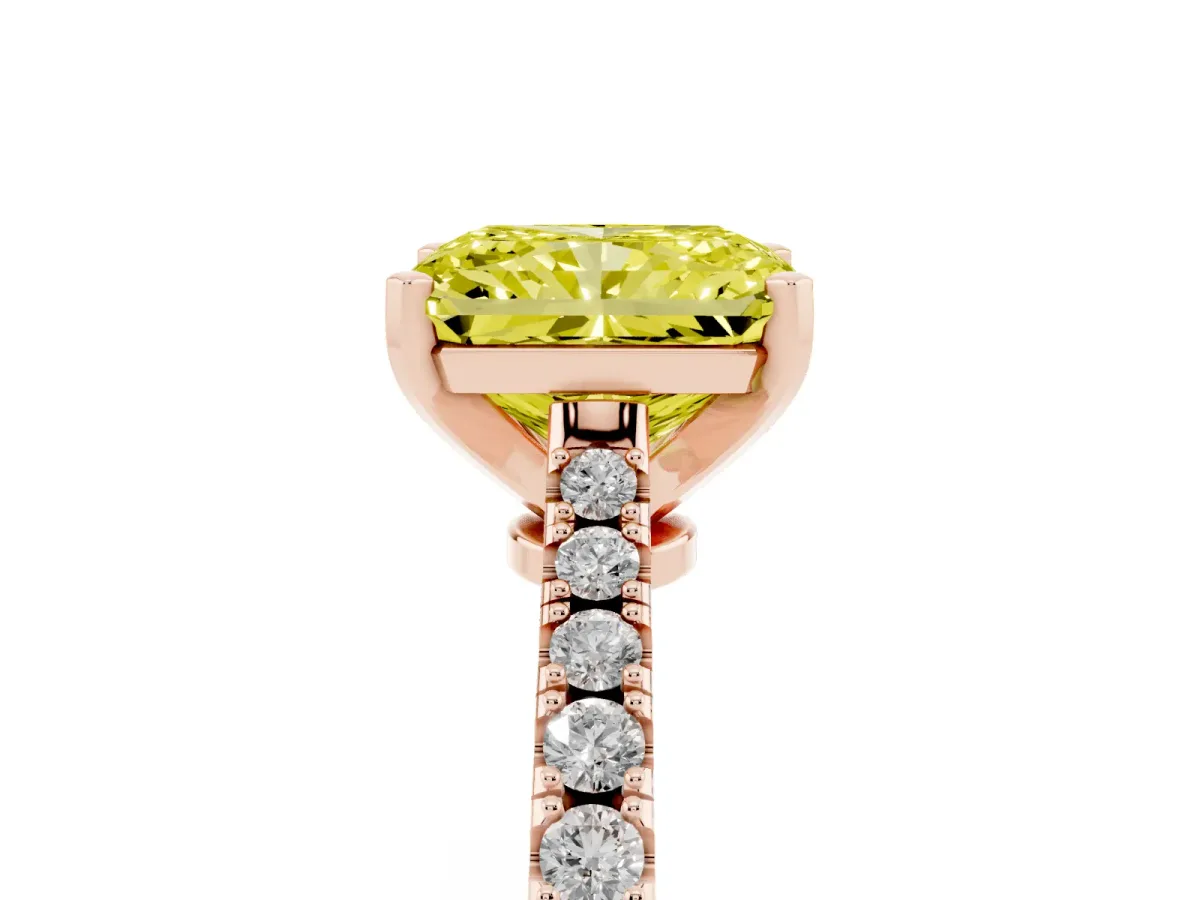 Fancy Yellow Radiant Cut Cut Solitaire Diamond Engagement Ring with Pave Band and Four-Prong Setting Rose gold