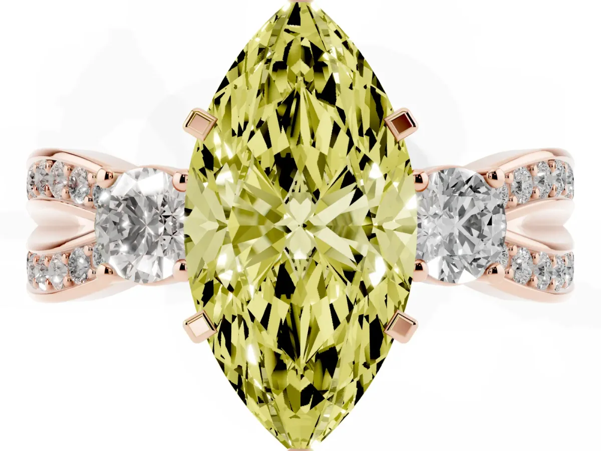 Fancy Yellow Three-Stone Marquise Cut Cut Diamond Twist Band with Prong Setting Rose gold