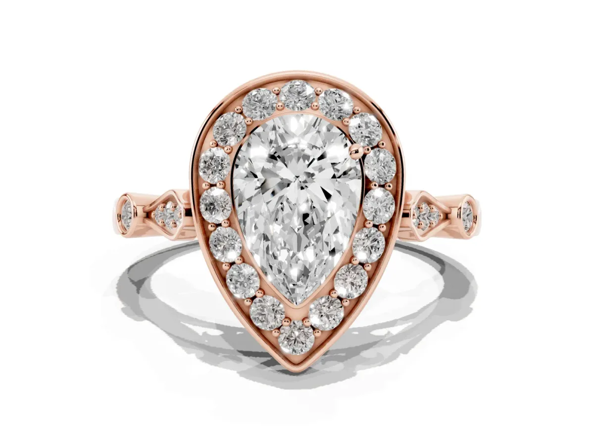 Pear Cut Halo Diamond Engagement Ring with Twisted Band and Four-Prong Setting Rose gold