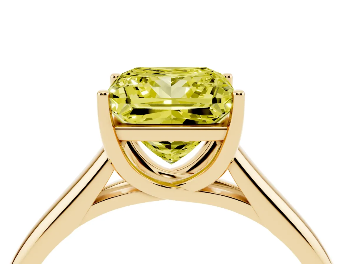 Fancy Yellow Princess Cut Solitaire Engagement Ring with Tapered Band and Four-Prong Setting Yellow gold