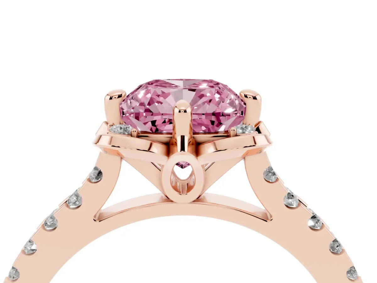 Fancy Pink Cushion Cut Diamond Ring with Pavé Band and Floral Prong Setting Rose gold