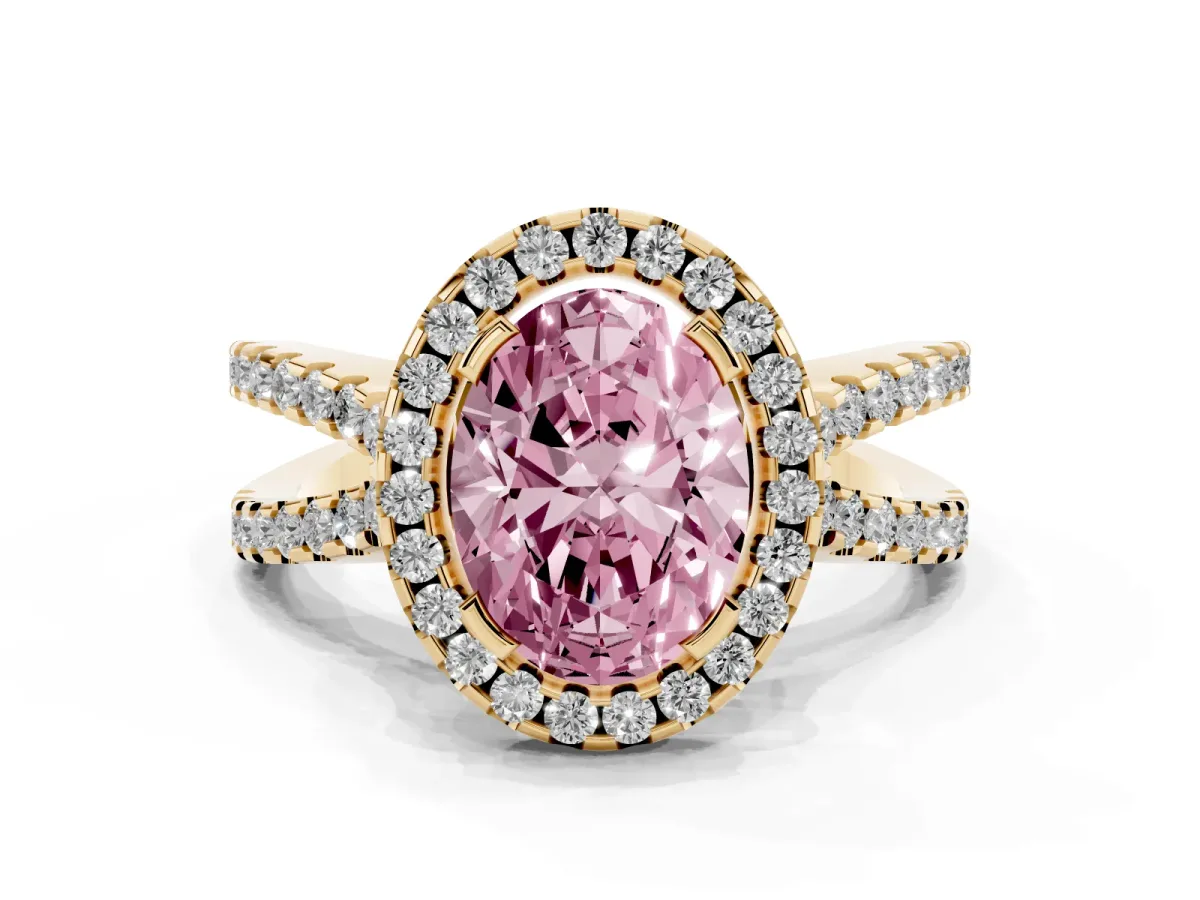 Fancy Pink Oval Cut Diamond Halo Ring with Split Shank Pavé Band and Prong Setting Yellow gold