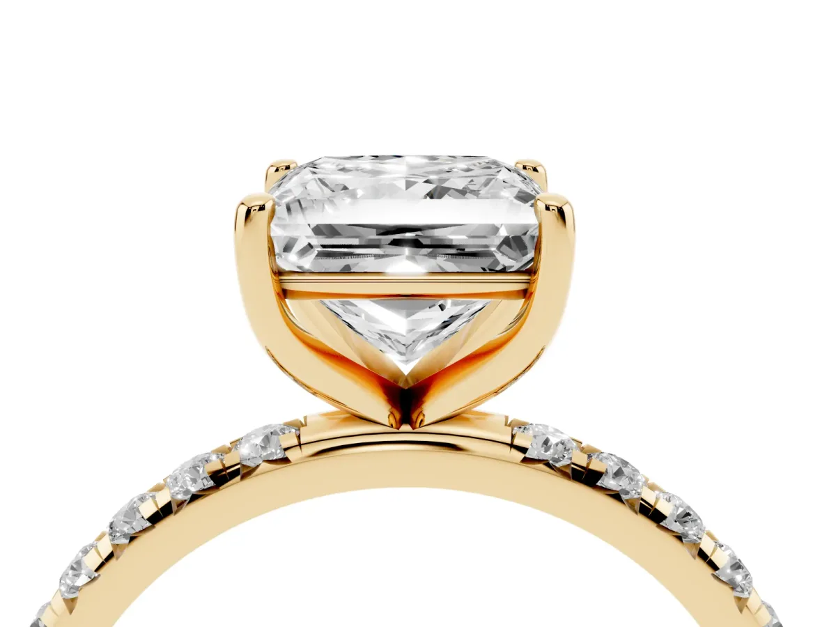 Princess Cut Cut Diamond Solitaire Ring with Micro Pave Band and Four Prong Setting Yellow gold