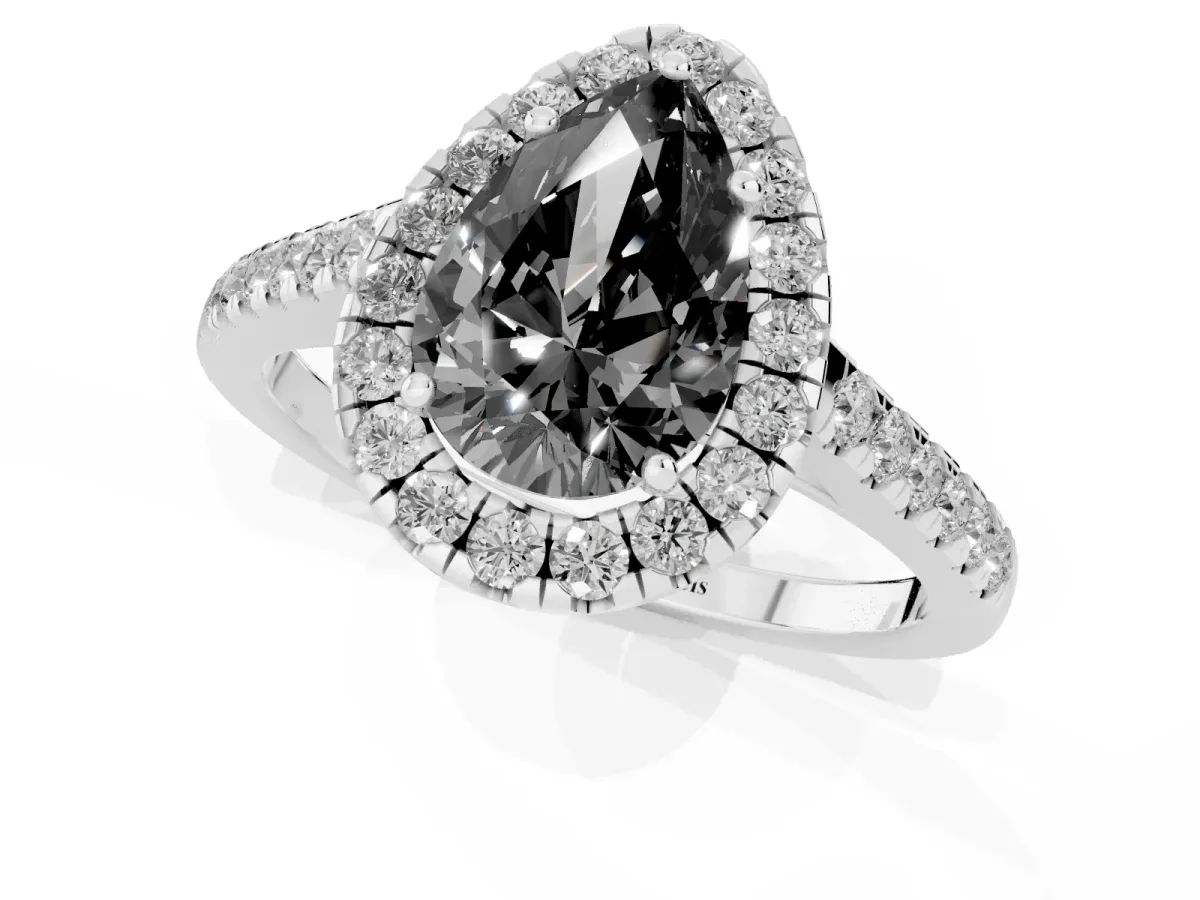 Fancy Black Pear Cut Halo Pave Diamond Engagement Ring with Four-Prong Setting Silver