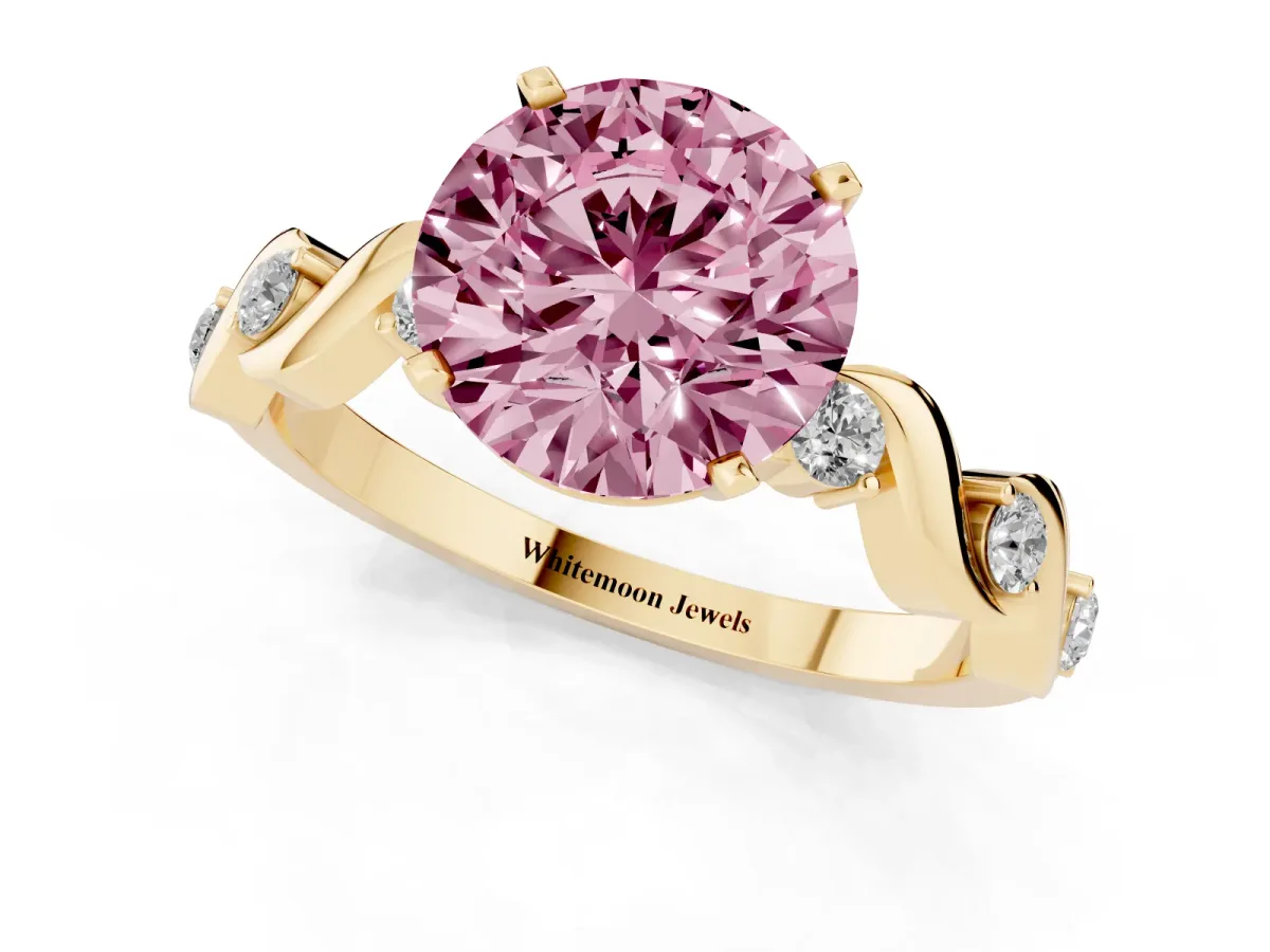 Fancy Pink Round Cut Diamond Solitaire Twisted Band with Round Accents and Prong Setting Yellow gold