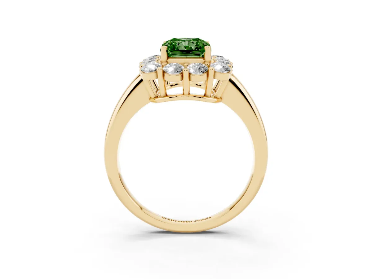 Fancy Green Radiant Cut Halo Cluster Diamond Engagement Ring with Prong Setting and Polished Band Yellow gold