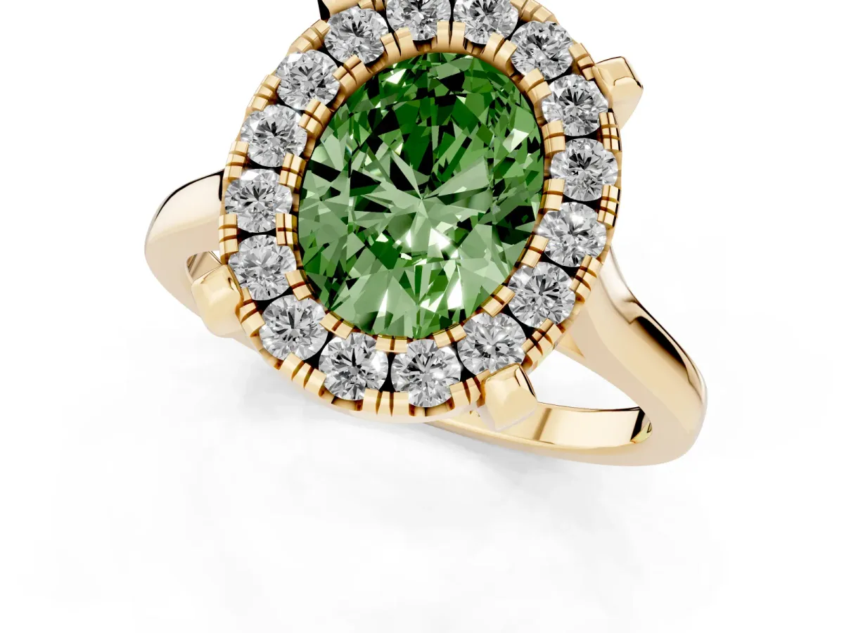 Fancy Green Oval Cut Diamond Cluster Halo Solitaire with Four-Prong Setting Yellow gold