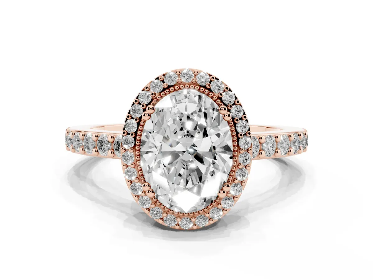 Oval Cut Cut Diamond Halo Engagement Ring with Milgrain Detail and Pavé Band Rose gold