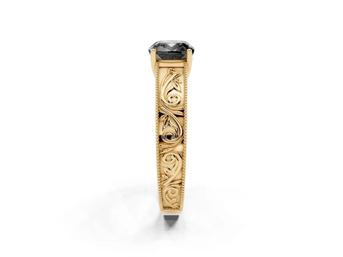Fancy Black Cushion Cut Diamond Solitaire Ring with Engraved Band and Four-Prong Setting Yellow gold